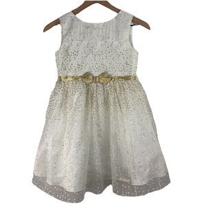 Jona Michelle White and Gold Glitter Fit & Flare Dress with Bow